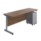 Single Upright Rectangular Desk + Under Desk Steel Pedestal 3 Drawers (FSC) | 1800 X 600 | Dark Walnut/Silver