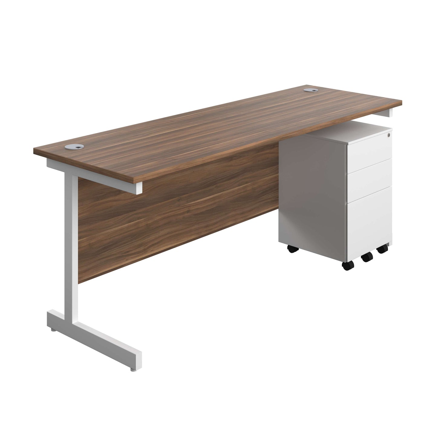 Single Upright Rectangular Desk + Under Desk Steel Pedestal 3 Drawers (FSC) | 1800 X 600 | Dark Walnut/White