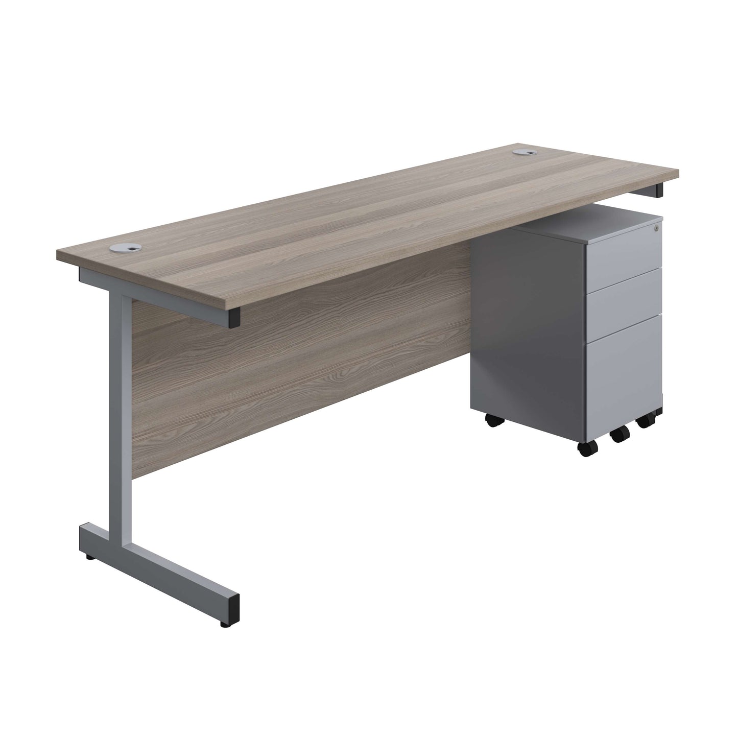 Single Upright Rectangular Desk + Under Desk Steel Pedestal 3 Drawers (FSC) | 1800 X 600 | Grey Oak/Silver