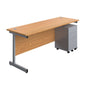 Single Upright Rectangular Desk + Under Desk Steel Pedestal 3 Drawers (FSC) | 1800 X 600 | Nova Oak/Silver