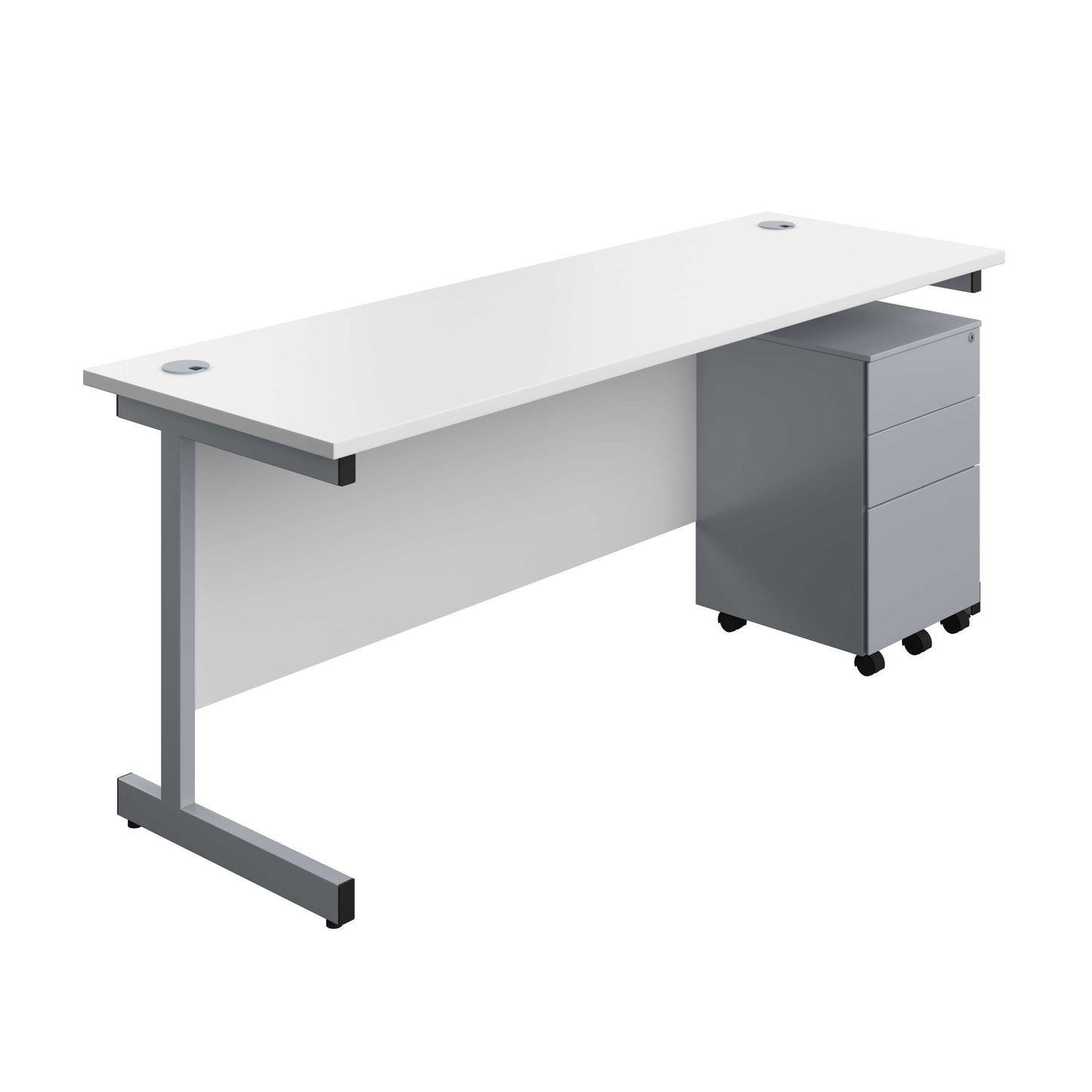 Single Upright Rectangular Desk + Under Desk Steel Pedestal 3 Drawers (FSC) | 1800 X 600 | White/Silver