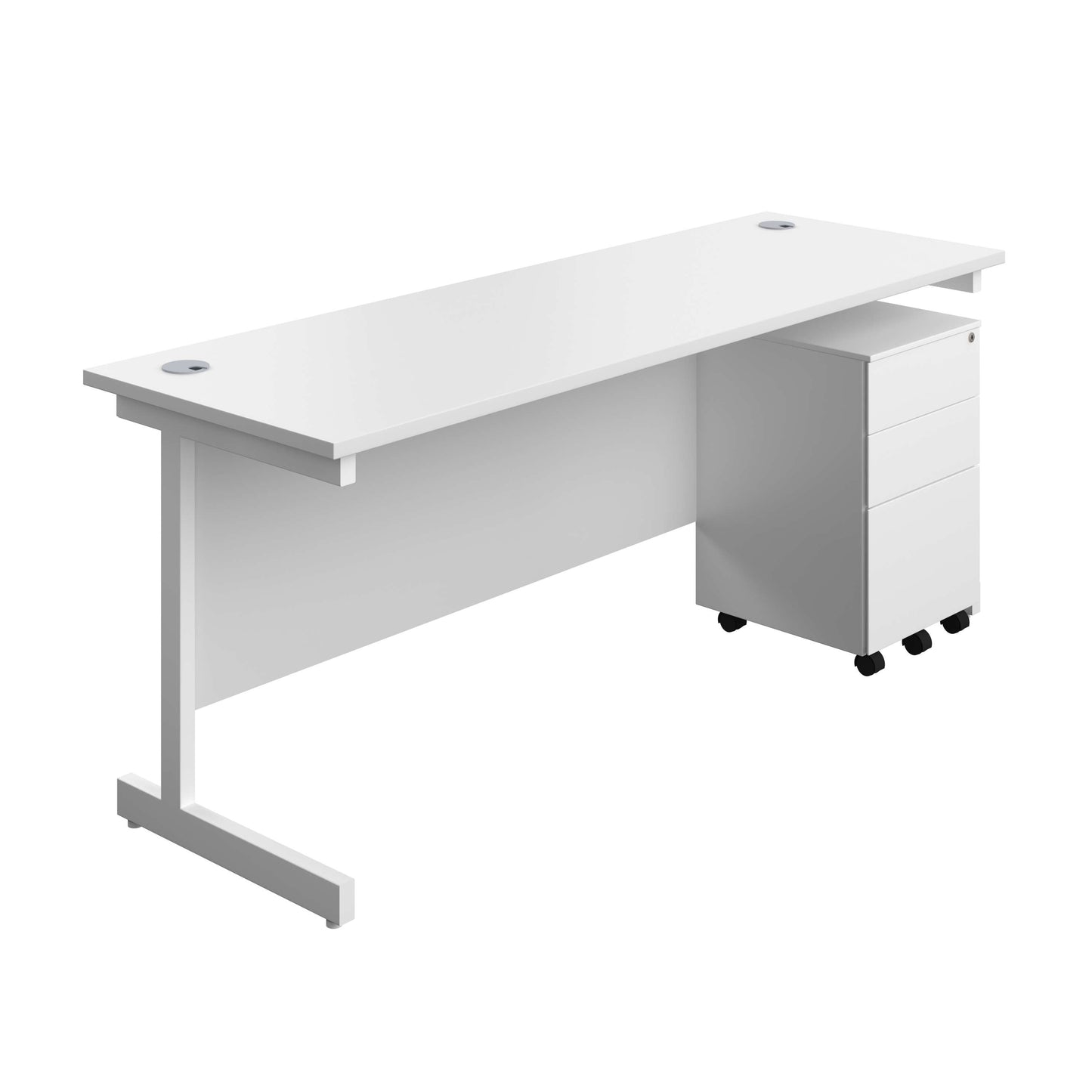 Single Upright Rectangular Desk + Under Desk Steel Pedestal 3 Drawers (FSC) | 1800 X 600 | White/White