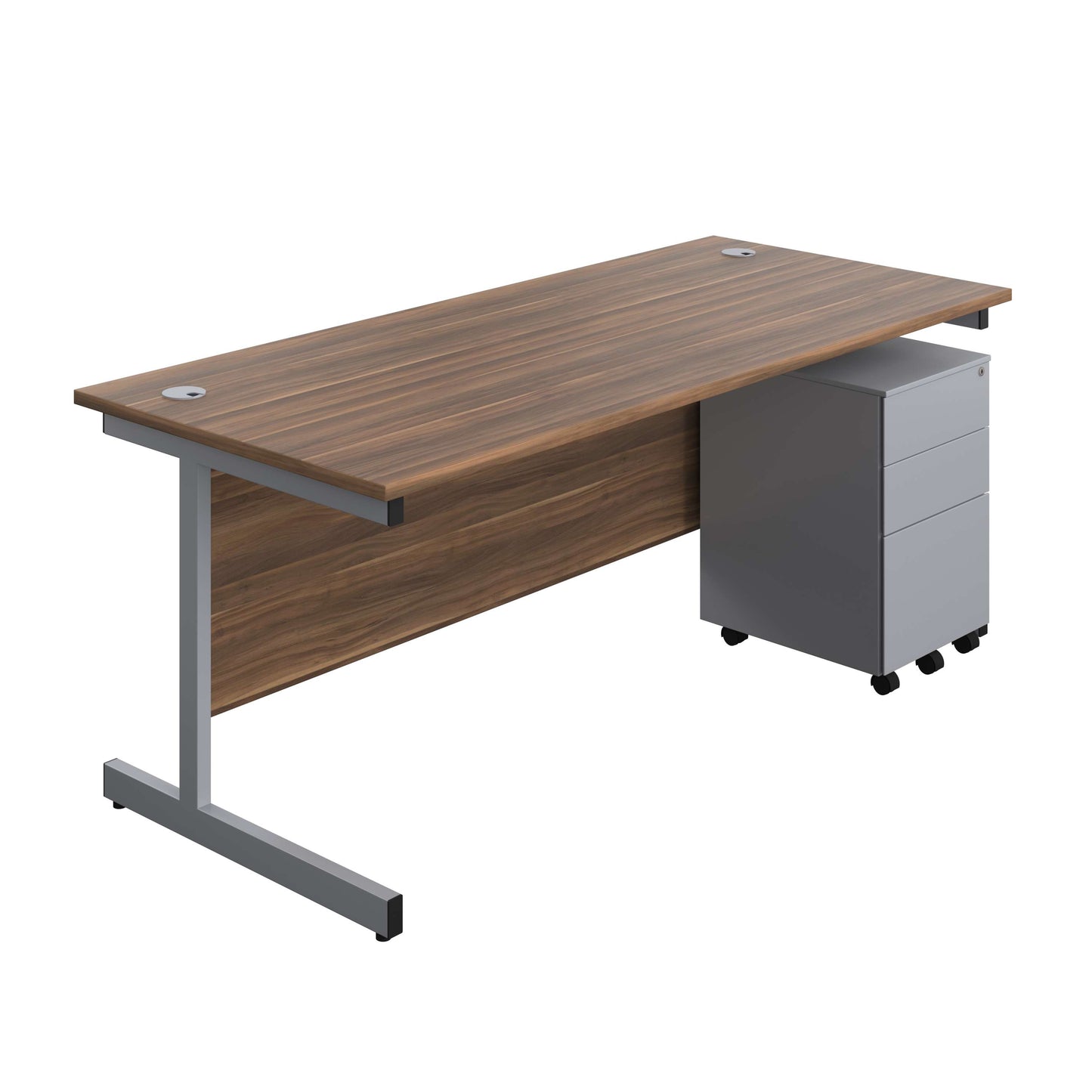 Single Upright Rectangular Desk + Under Desk Steel Pedestal 3 Drawers (FSC) | 1800 X 800 | Dark Walnut/Silver