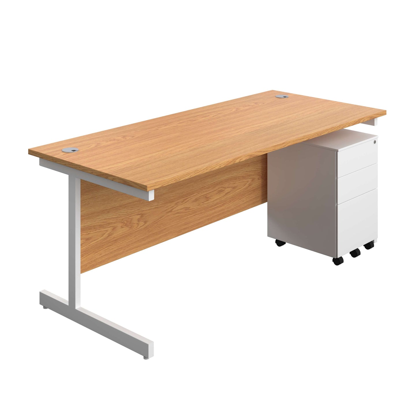 Single Upright Rectangular Desk + Under Desk Steel Pedestal 3 Drawers (FSC) | 1800 X 800 | Nova Oak/White