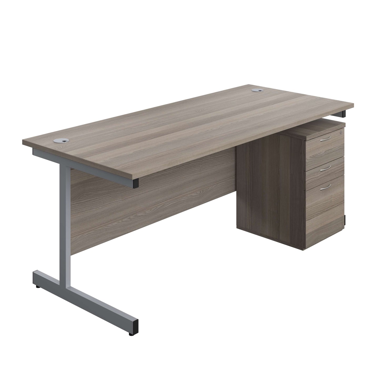 Single Upright Rectangular Desk + High Mobile Pedestal 3 Drawer (FSC) | 1800 X 800 | Grey Oak/Silver