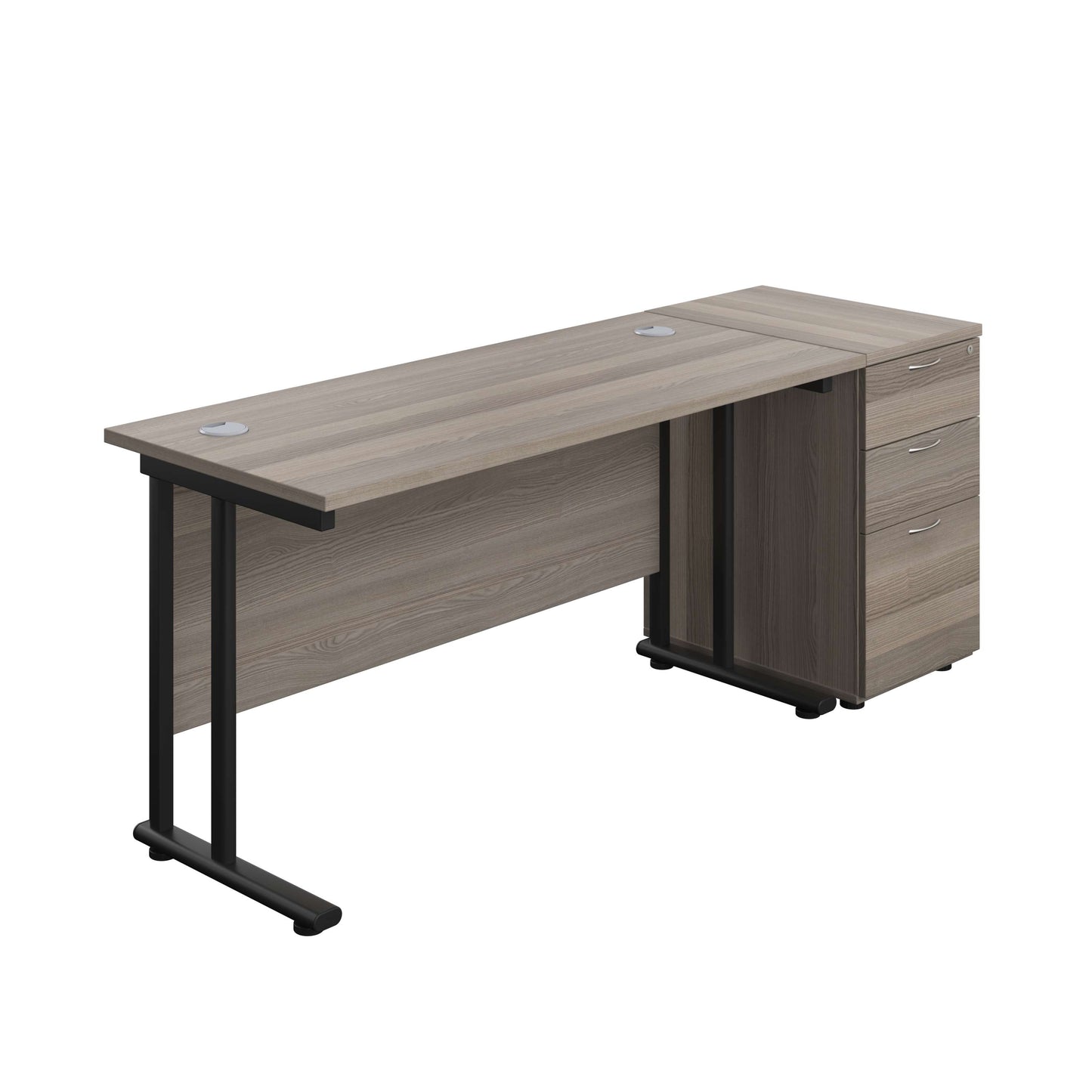 Twin Upright Rectangular Desk + Desk High 3 Drawer Pedestal (FSC) | 1400X600 | Grey Oak/Black