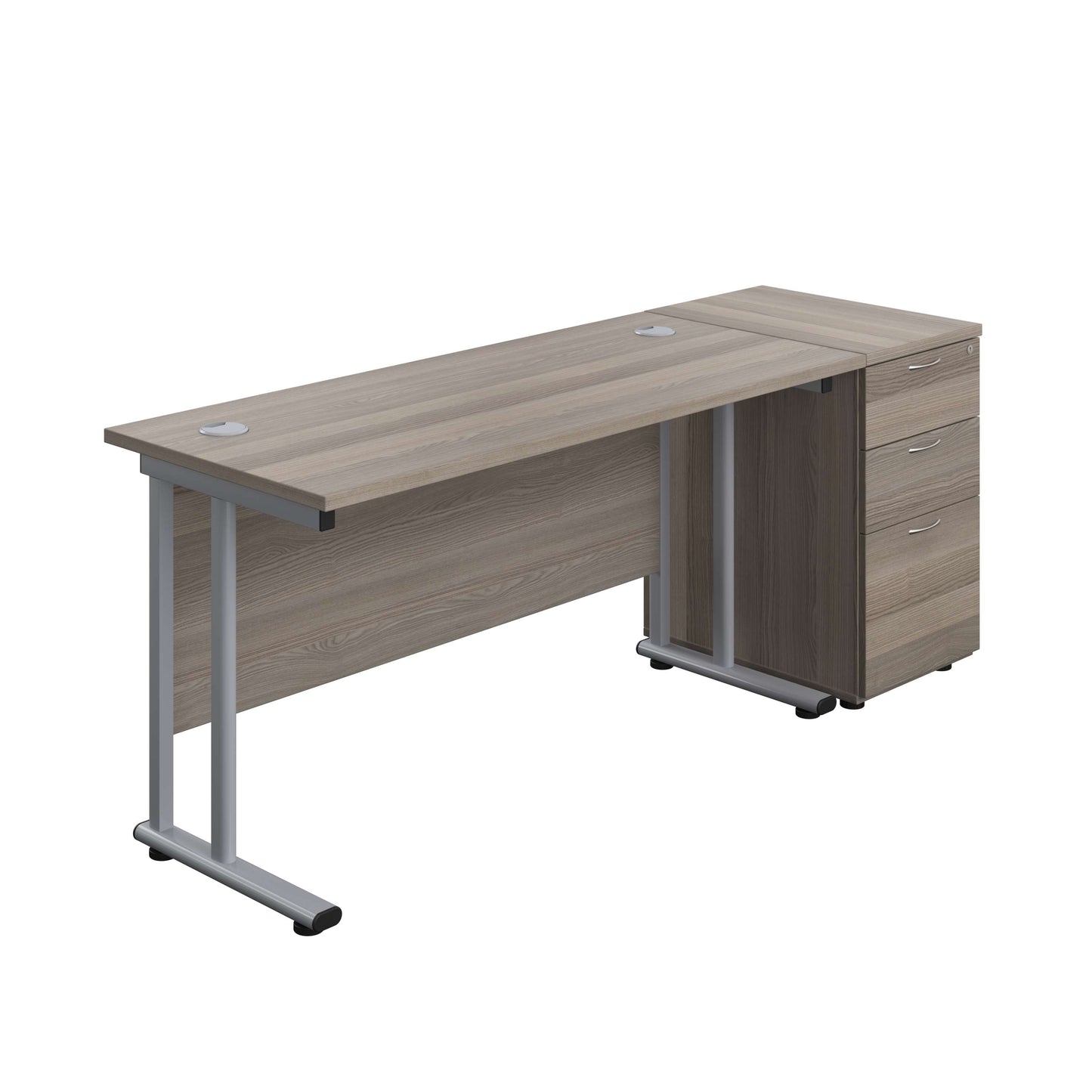 Twin Upright Rectangular Desk + Desk High 3 Drawer Pedestal (FSC) | 1400X600 | Grey Oak/Silver