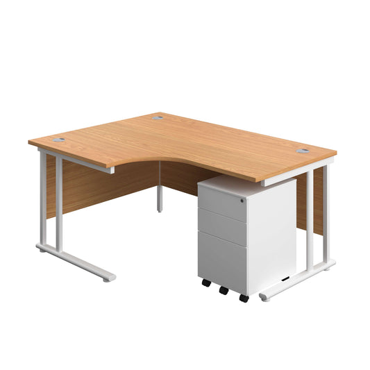 Twin Upright Left Hand Radial Desk + Under Desk Steel Pedestal 3 Drawers (FSC) | 1600X1200 | Nova Oak/White