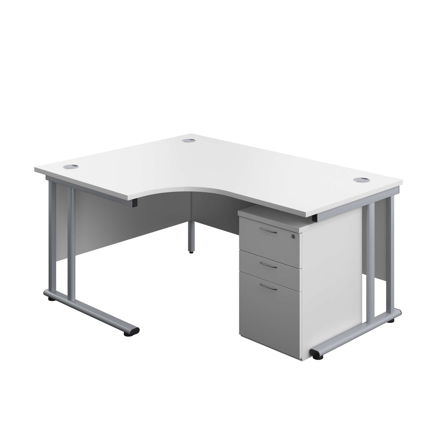 Twin Upright Left Hand Radial Desk + High Mobile Pedestal 3 Drawer (FSC) | 1600X1200 | White/Silver