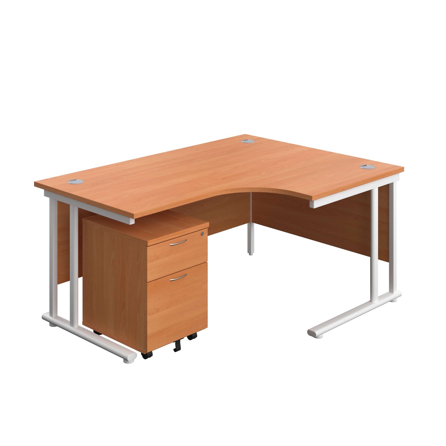 Twin Upright Right Hand Radial Desk + Mobile 2 Drawer Pedestal (FSC) | 1600X1200 | Beech/White