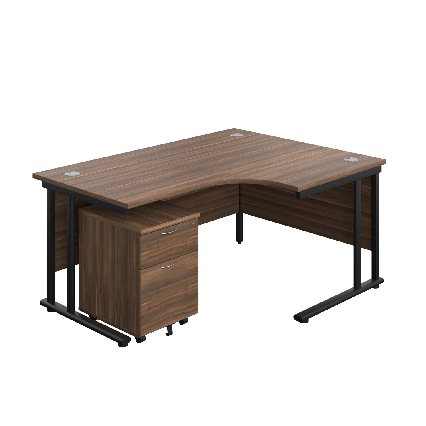 Twin Upright Right Hand Radial Desk + Mobile 2 Drawer Pedestal (FSC) | 1600X1200 | Dark Walnut/Black