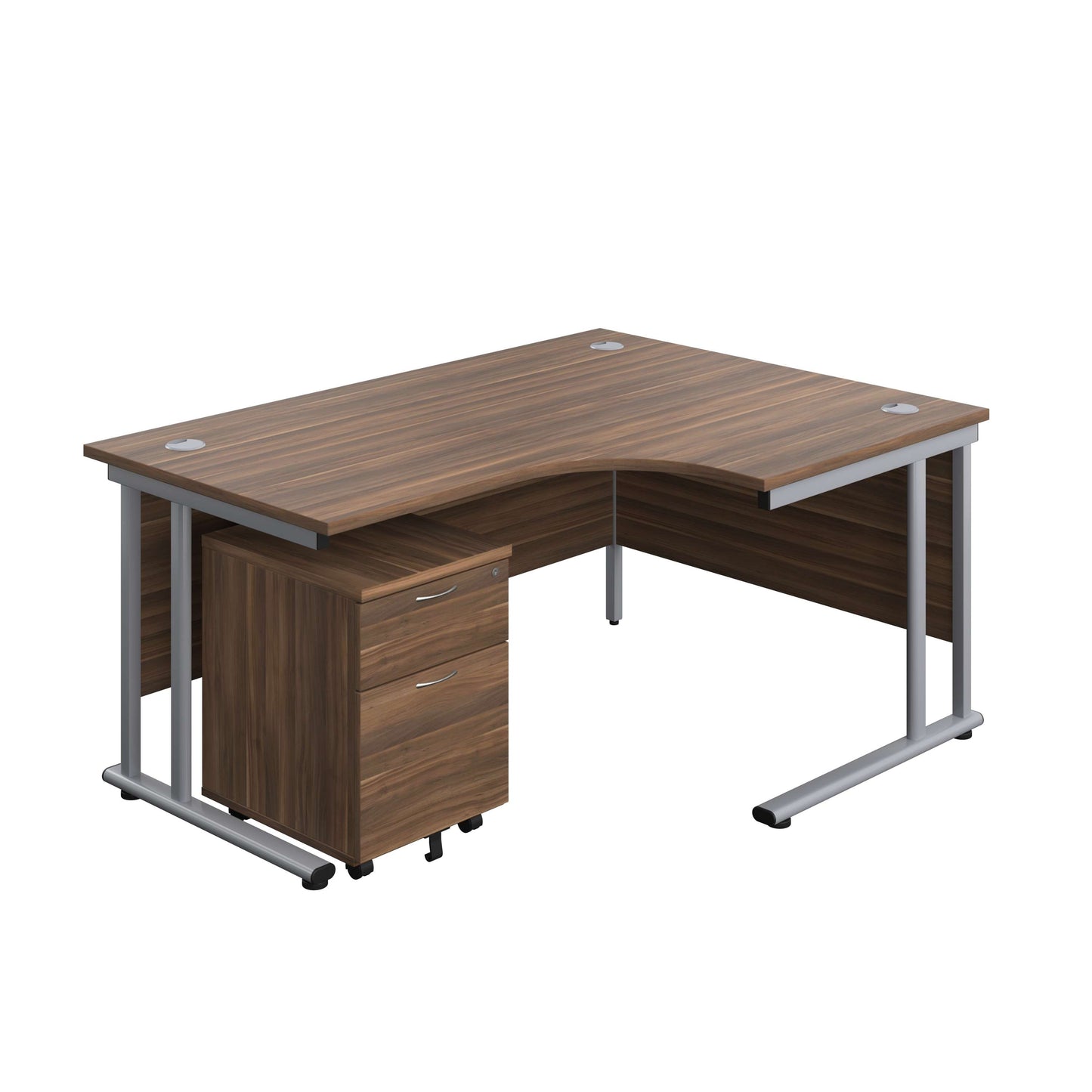 Twin Upright Right Hand Radial Desk + Mobile 2 Drawer Pedestal (FSC) | 1600X1200 | Dark Walnut/Silver