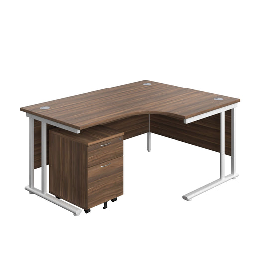 Twin Upright Right Hand Radial Desk + Mobile 2 Drawer Pedestal (FSC) | 1600X1200 | Dark Walnut/White