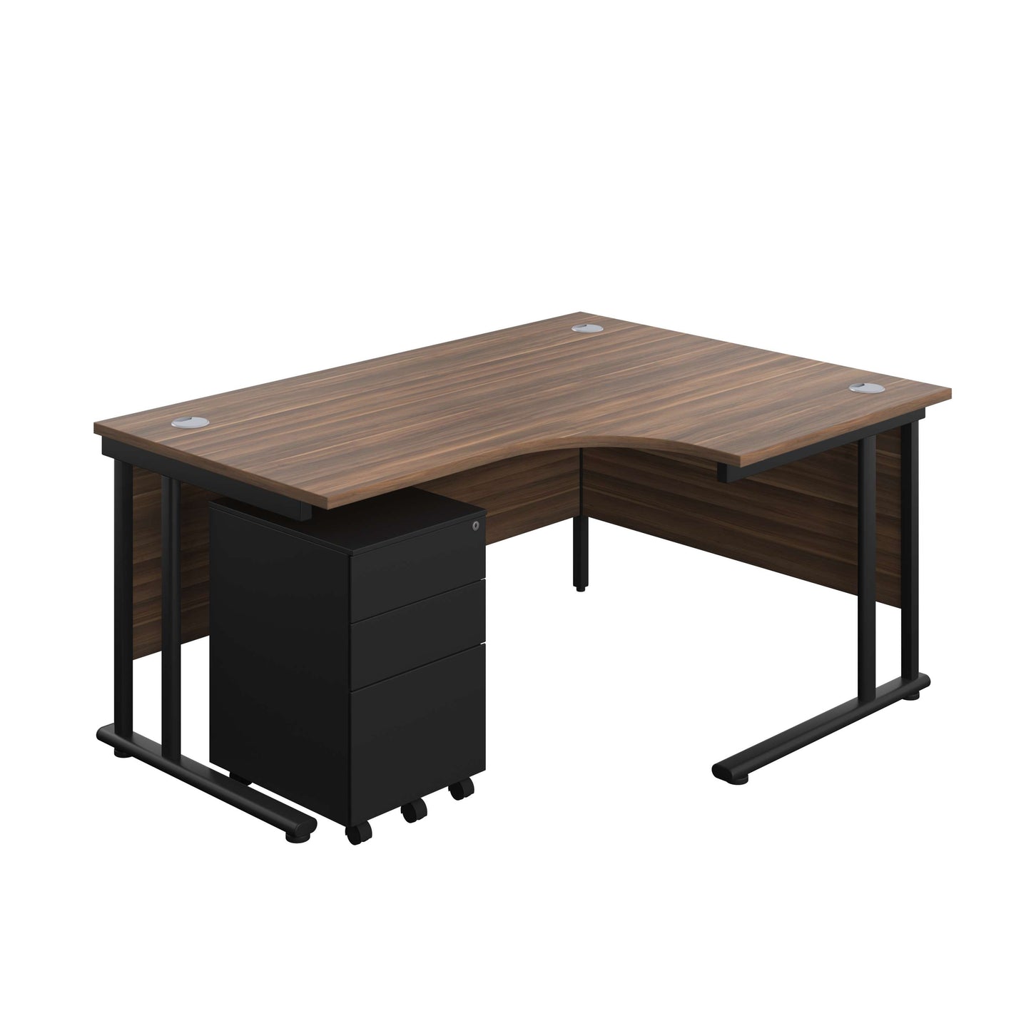 Twin Upright Right Hand Radial Desk + Under Desk Steel Pedestal 3 Drawers (FSC) | 1600X1200 | Dark Walnut/Black