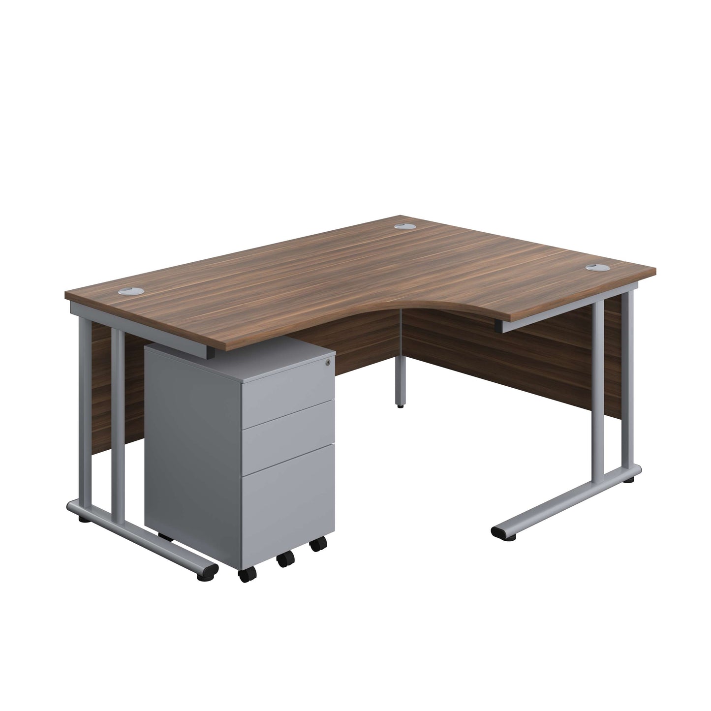 Twin Upright Right Hand Radial Desk + Under Desk Steel Pedestal 3 Drawers (FSC) | 1600X1200 | Dark Walnut/Silver