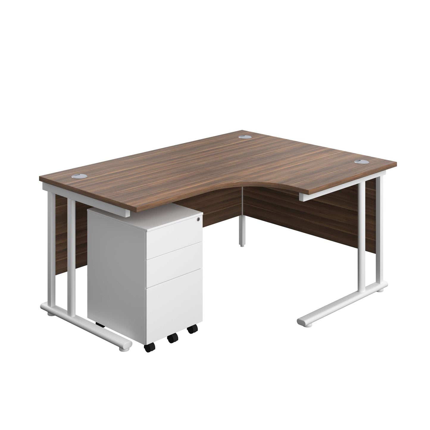 Twin Upright Right Hand Radial Desk + Under Desk Steel Pedestal 3 Drawers (FSC) | 1600X1200 | Dark Walnut/White