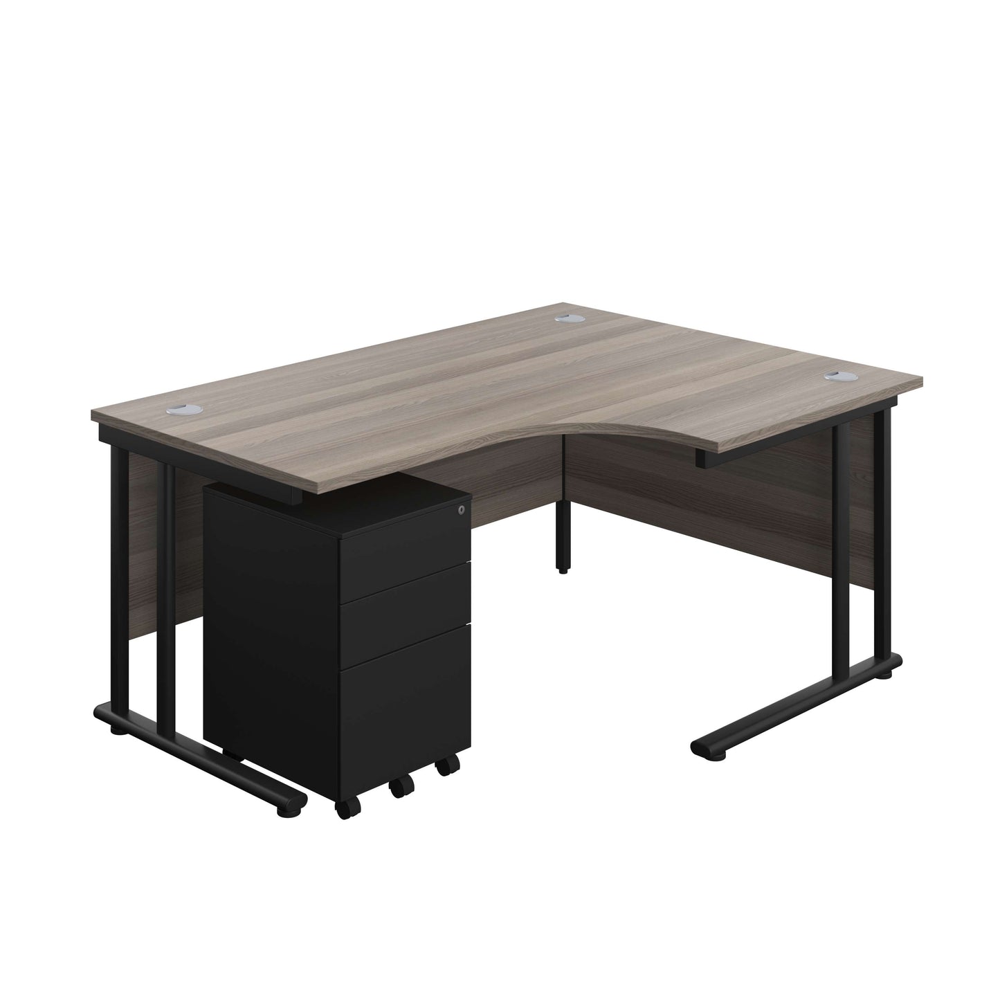 Twin Upright Right Hand Radial Desk + Under Desk Steel Pedestal 3 Drawers (FSC) | 1600X1200 | Grey Oak/Black