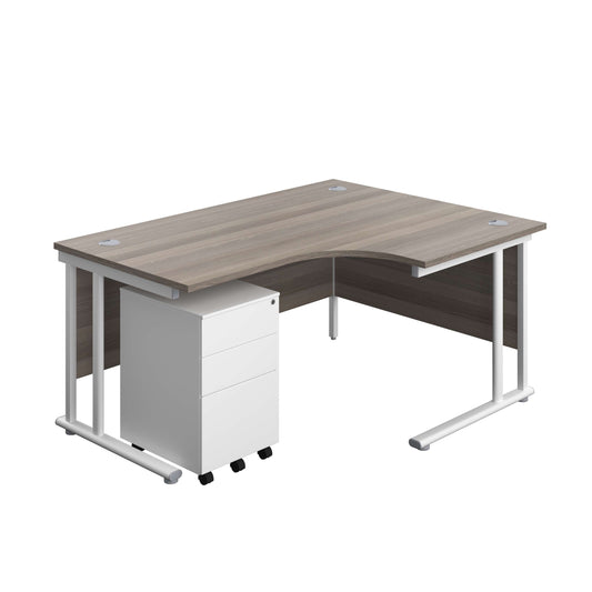 Twin Upright Right Hand Radial Desk + Under Desk Steel Pedestal 3 Drawers (FSC) | 1600X1200 | Grey Oak/White