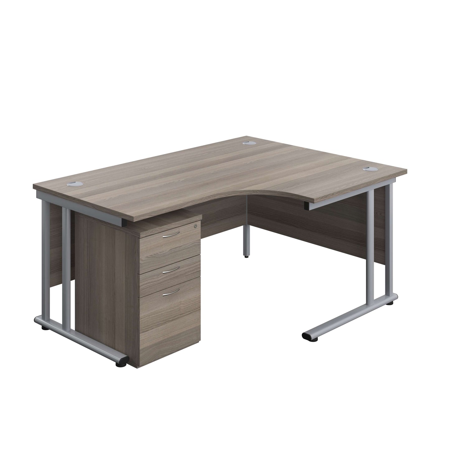 Twin Upright Right Hand Radial Desk + High Mobile Pedestal 3 Drawer (FSC) | 1600X1200 | Grey Oak/Silver