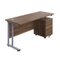 Twin Upright Rectangular Desk + Mobile 2 Drawer Pedestal (FSC) | 1600X600 | Dark Walnut/Silver