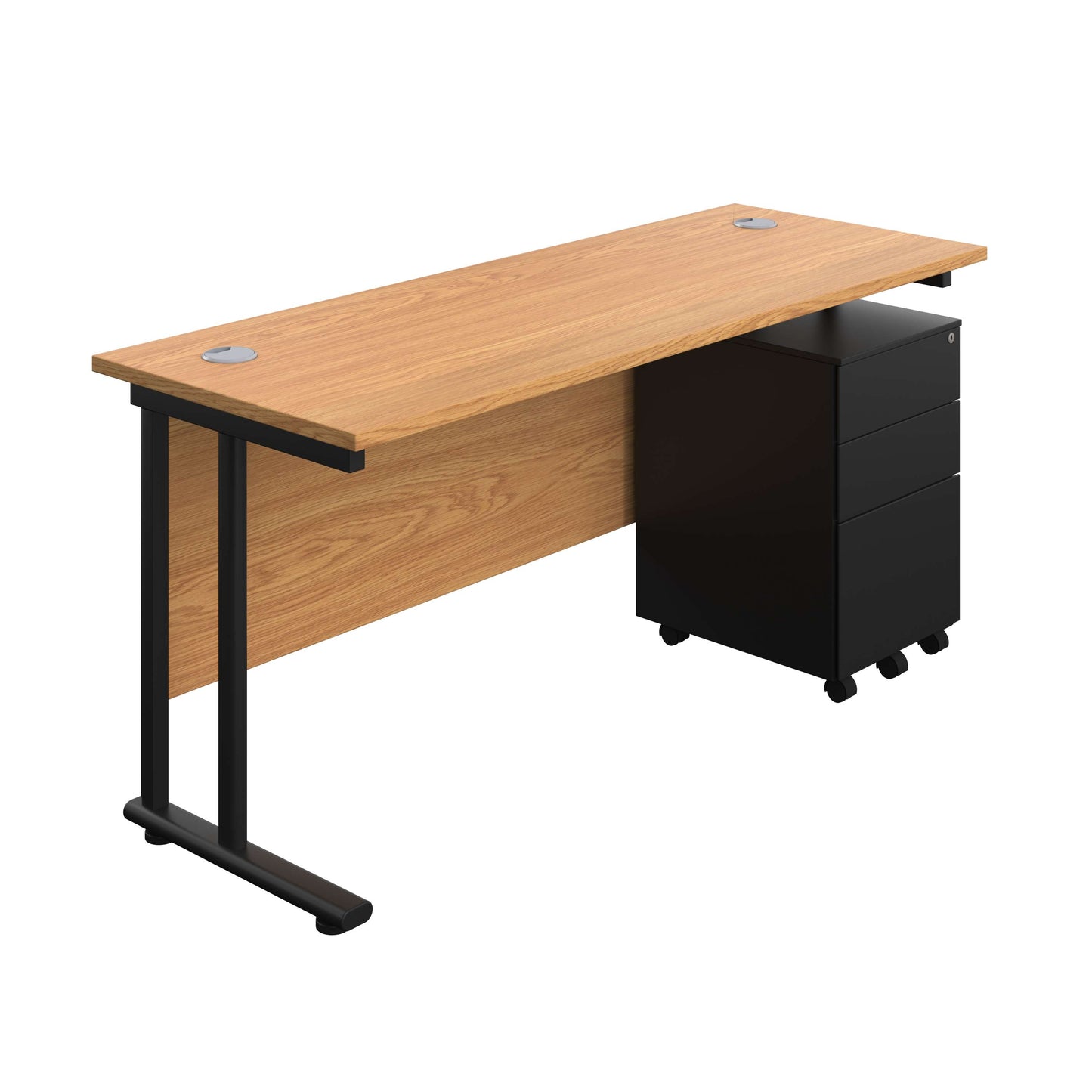 Twin Upright Rectangular Desk + Under Desk Steel Pedestal 3 Drawers (FSC) | 1600X600 | Nova Oak/Black