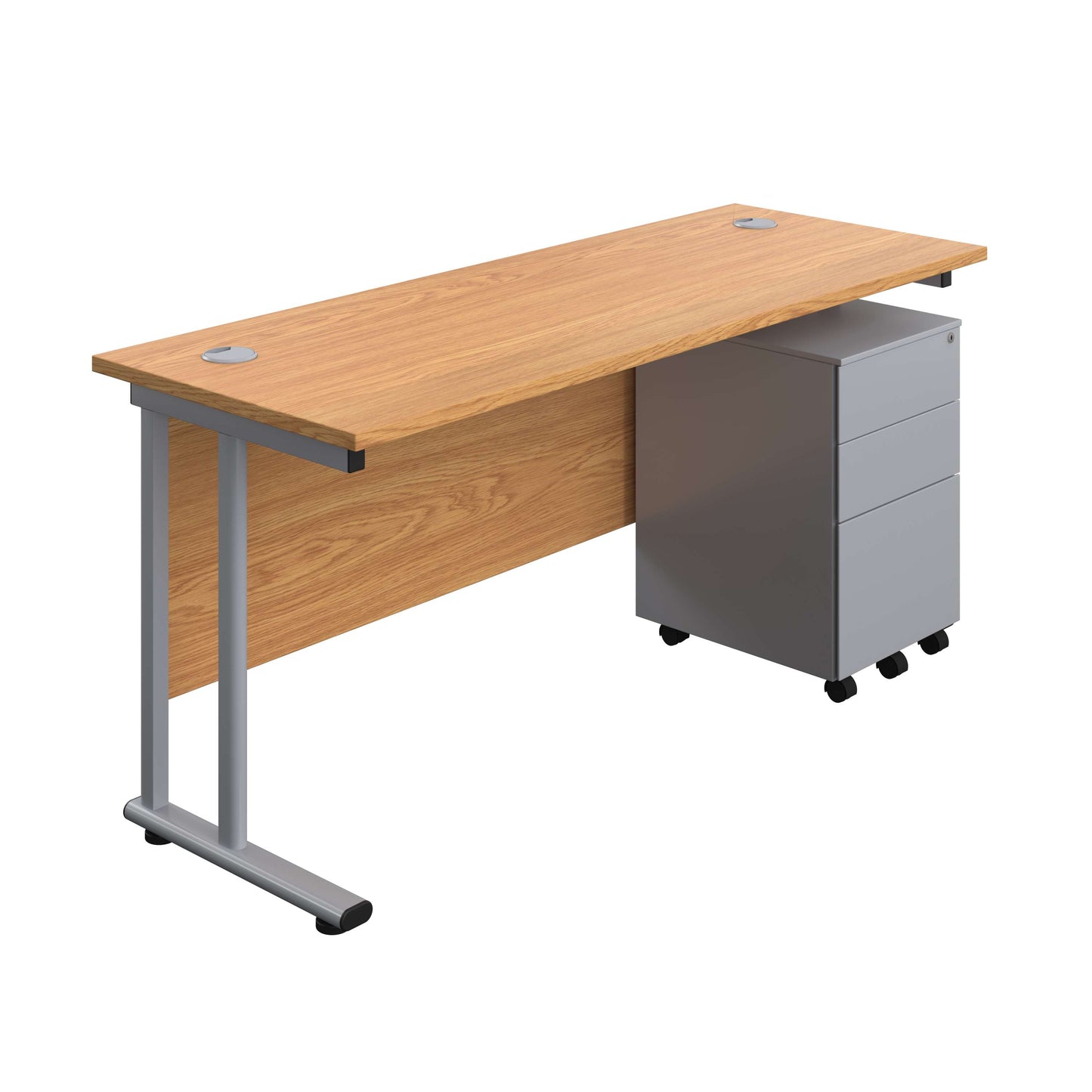 Twin Upright Rectangular Desk + Under Desk Steel Pedestal 3 Drawers (FSC) | 1600X600 | Nova Oak/Silver