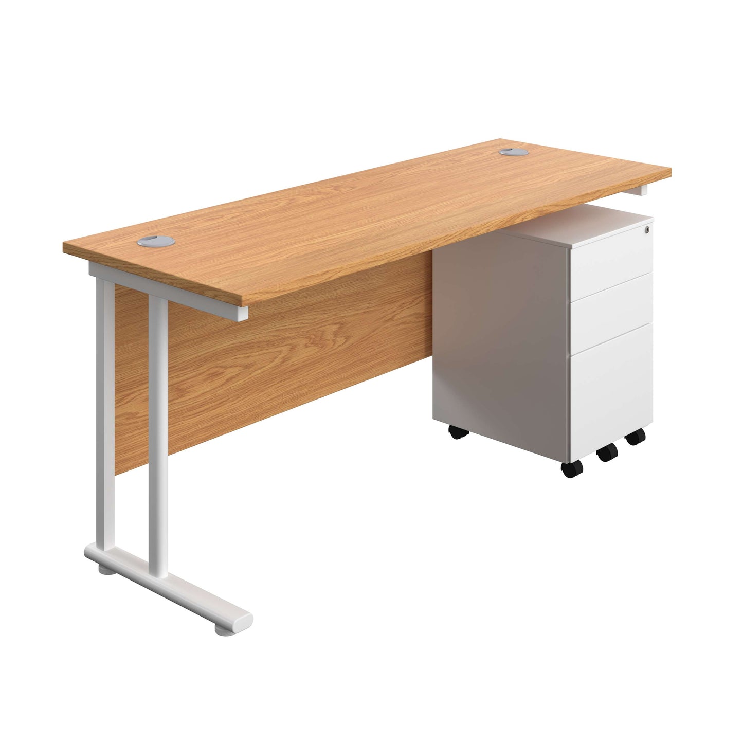 Twin Upright Rectangular Desk + Under Desk Steel Pedestal 3 Drawers (FSC) | 1600X600 | Nova Oak/White