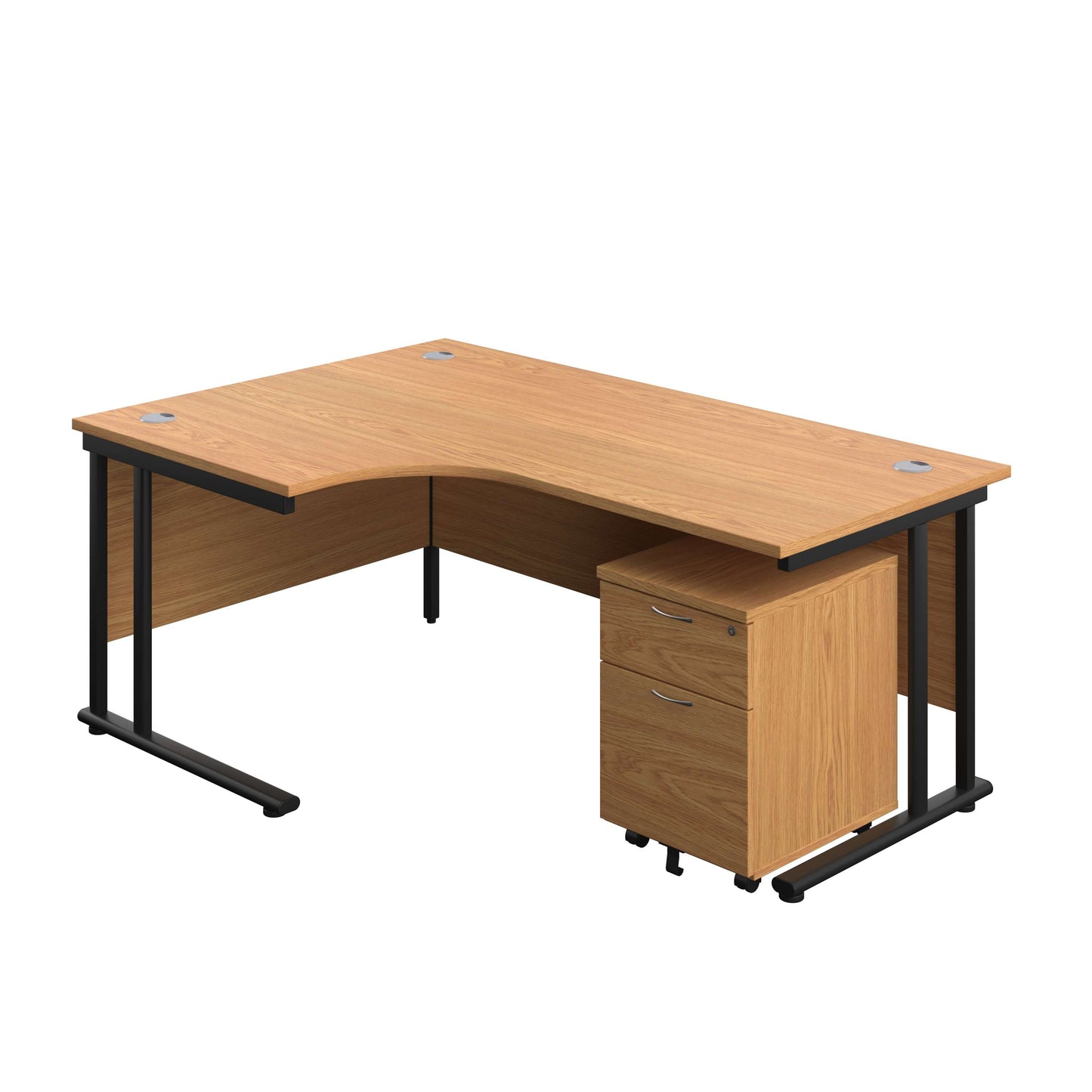 Twin Upright Left Hand Radial Desk + Mobile 2 Drawer Pedestal (FSC) | 1800X1200 | Nova Oak/Black