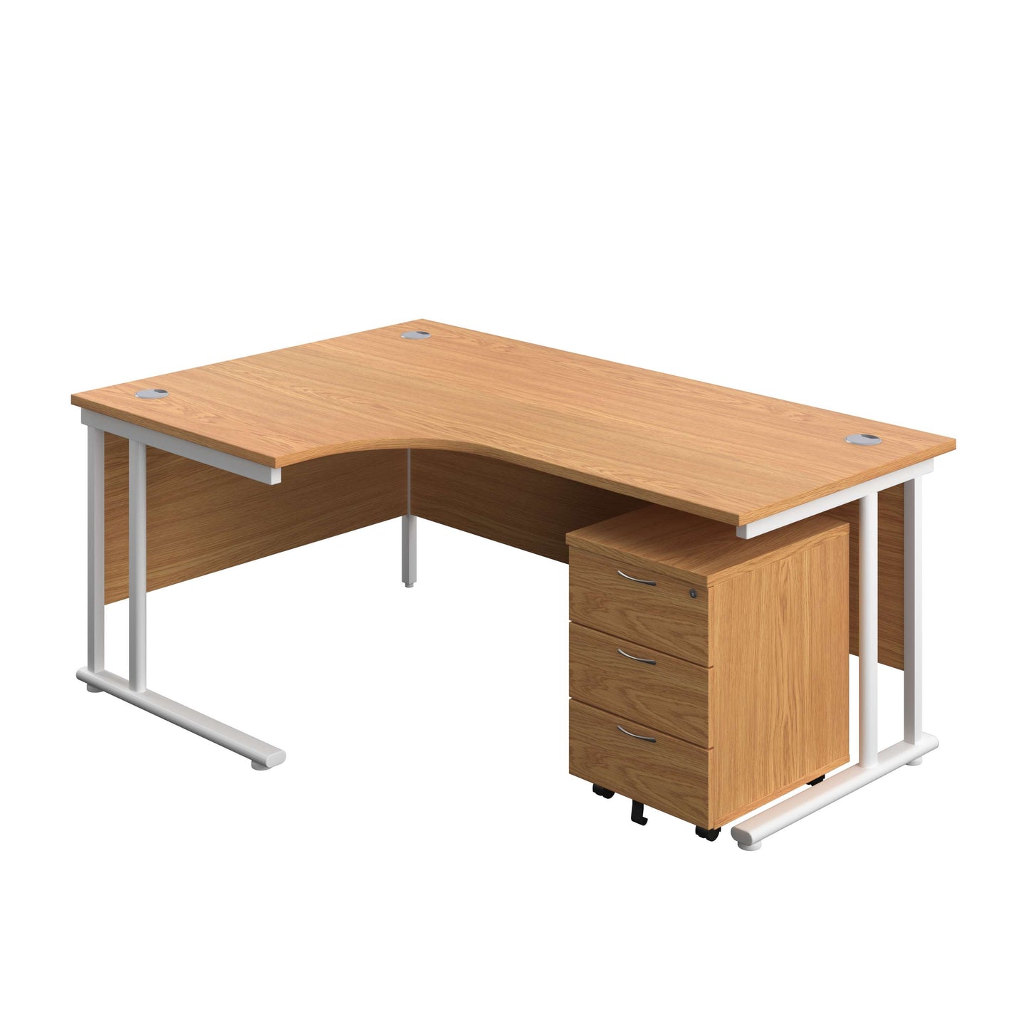 Twin Upright Left Hand Radial Desk + Mobile 3 Drawer Pedestal (FSC) | 1800X1200 | Nova Oak/White