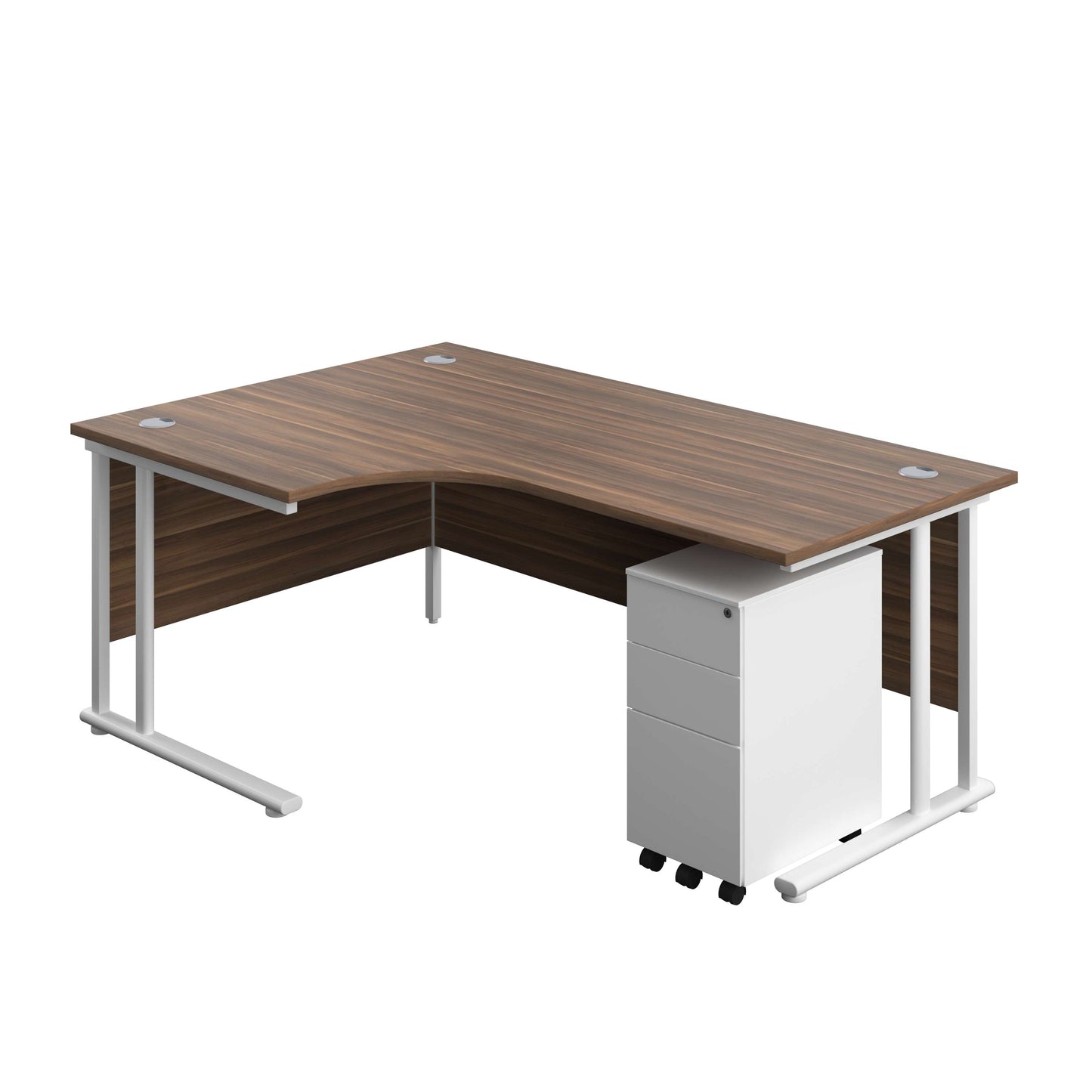 Twin Upright Left Hand Radial Desk + Slimline Steel Pedestal 3 Drawers (FSC) | 1800X1200 | Dark Walnut/White