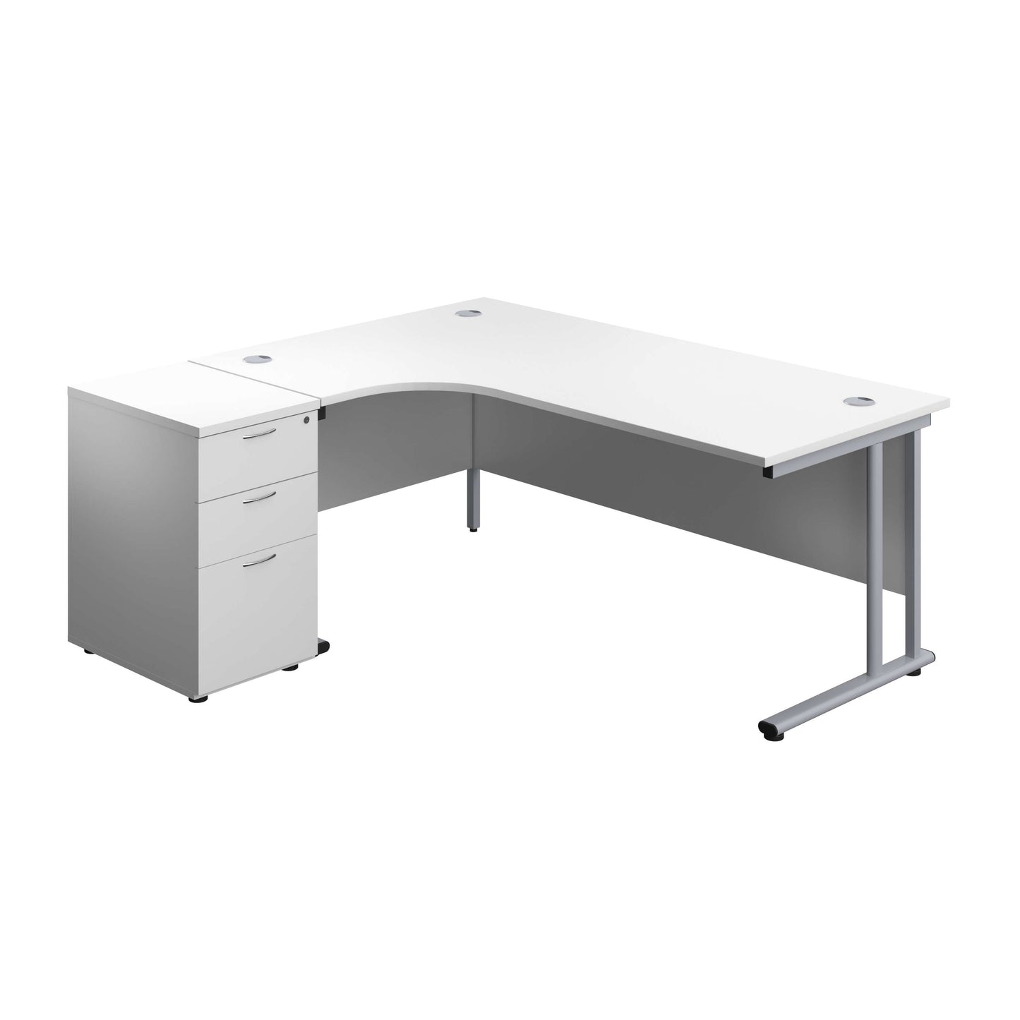 Twin Upright Left Hand Radial Desk + Desk High 3 Drawer Pedestal (FSC) | 1800X1200 | 600mm Deep Pedestal | White/Silver