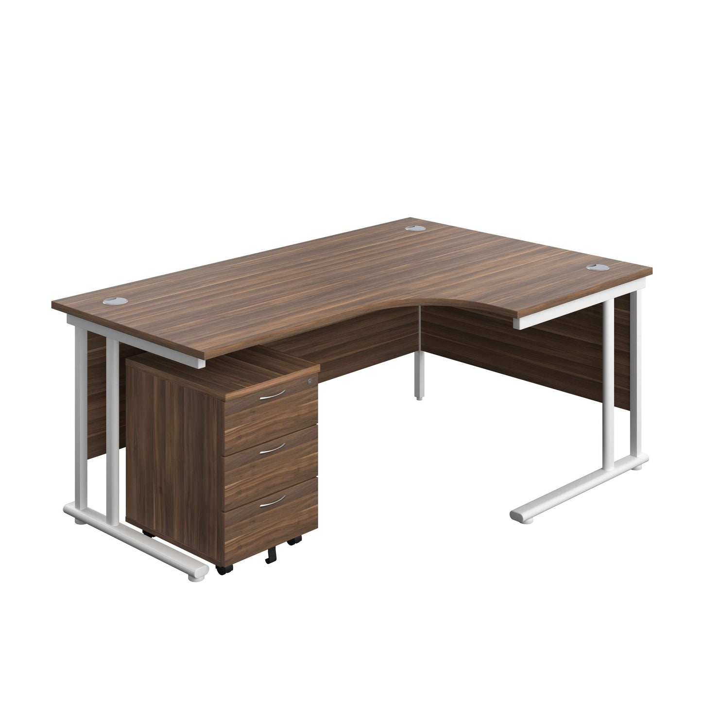 Twin Upright Right Hand Radial Desk + Mobile 3 Drawer Pedestal (FSC) | 1800X1200 | Dark Walnut/White