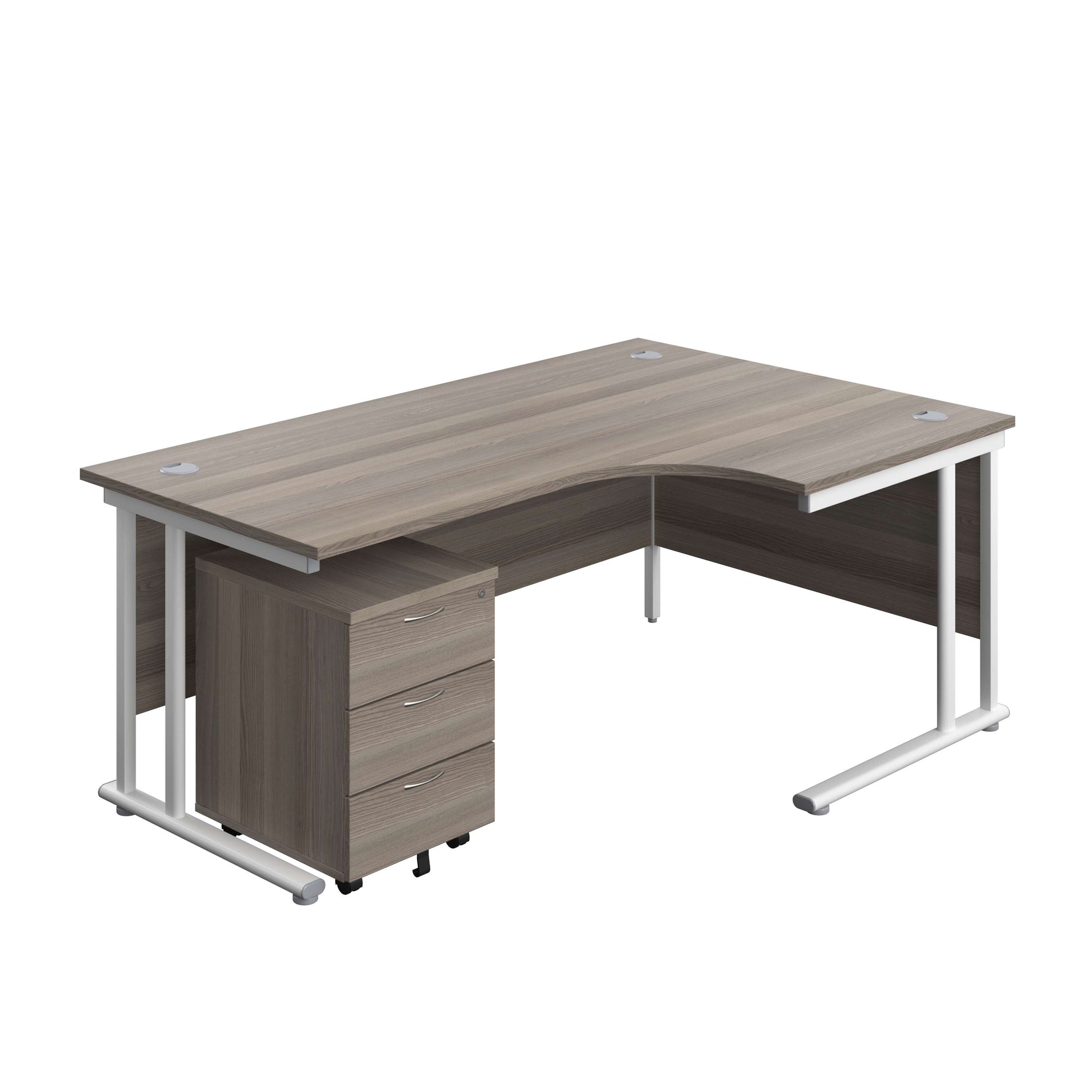 Twin Upright Right Hand Radial Desk + Mobile 3 Drawer Pedestal (FSC) | 1800X1200 | Grey Oak/White