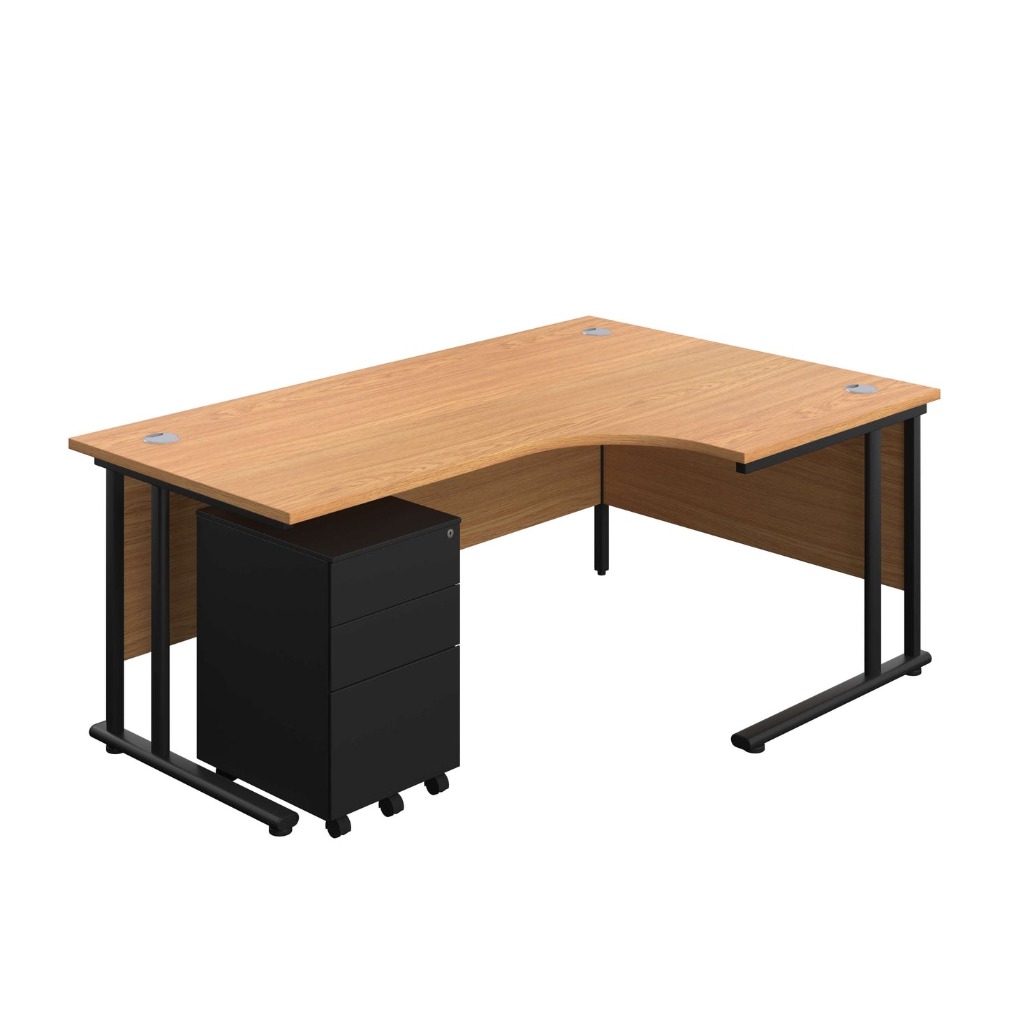 Twin Upright Right Hand Radial Desk + Under Desk Steel Pedestal 3 Drawers (FSC) | 1800X1200 | Nova Oak/Black