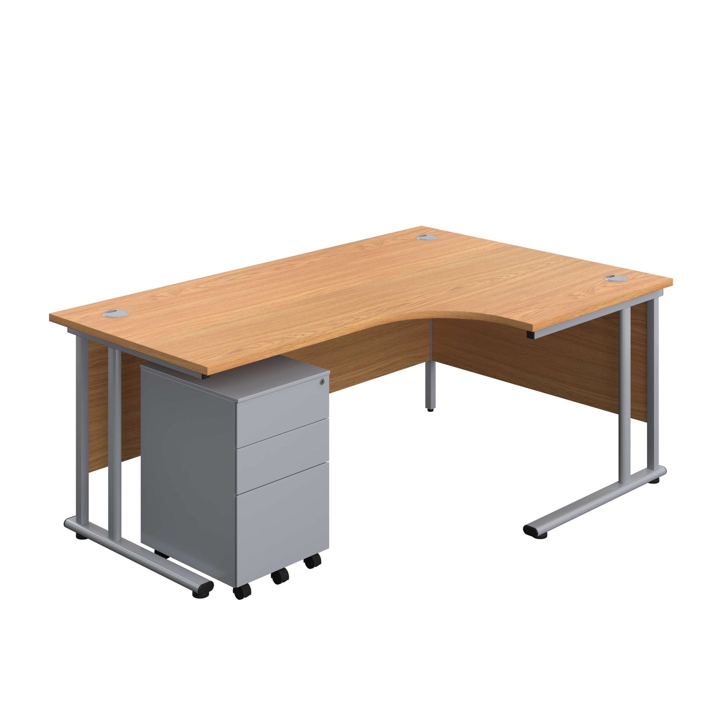 Twin Upright Right Hand Radial Desk + Under Desk Steel Pedestal 3 Drawers (FSC) | 1800X1200 | Nova Oak/Silver