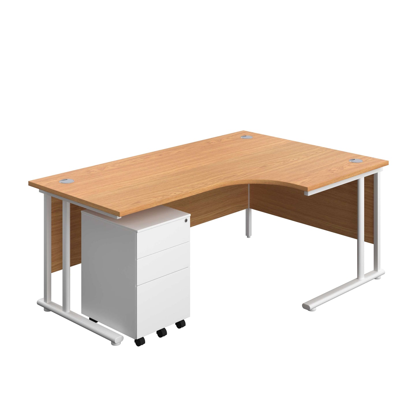 Twin Upright Right Hand Radial Desk + Under Desk Steel Pedestal 3 Drawers (FSC) | 1800X1200 | Nova Oak/White