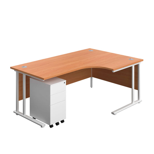 Twin Upright Right Hand Radial Desk + Slimline Steel Pedestal 3 Drawers (FSC) | 1800X1200 | Beech/White