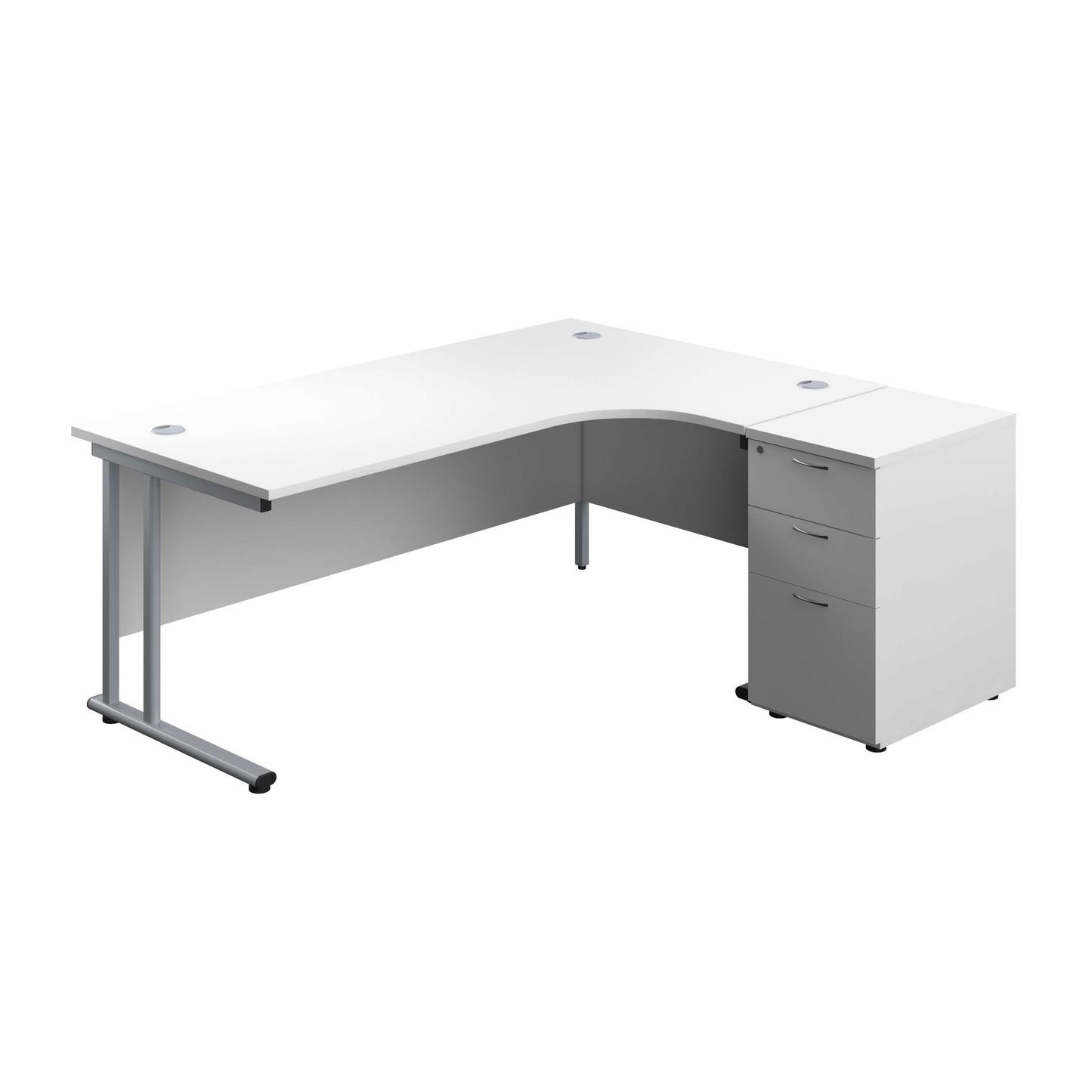 Twin Upright Right Hand Radial Desk + Desk High 3 Drawer Pedestal (FSC) | 1800X1200 | 600mm Deep Pedestal | White/Silver