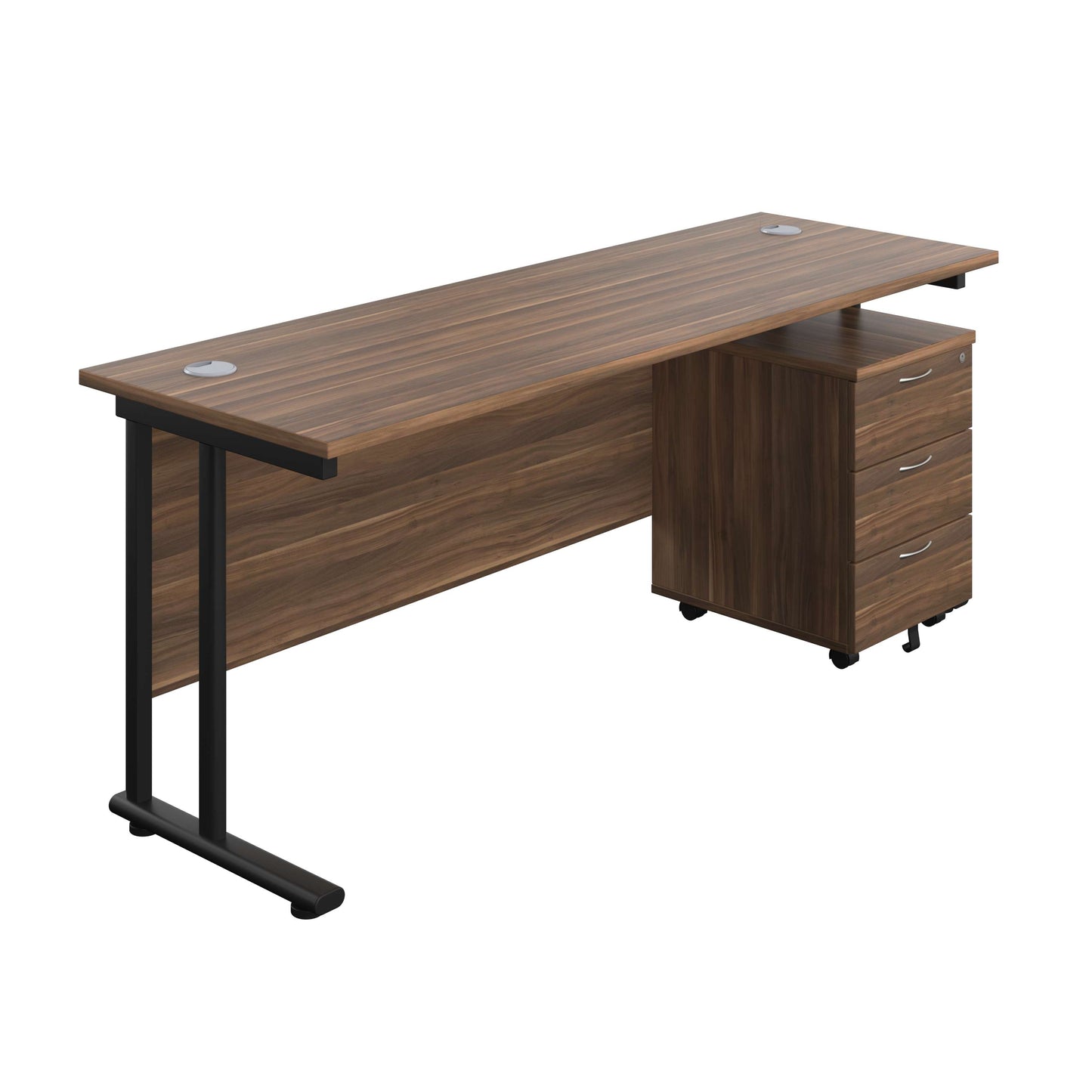 Twin Upright Rectangular Desk + Mobile 3 Drawer Pedestal (FSC) | 1800X600 | Dark Walnut/Black