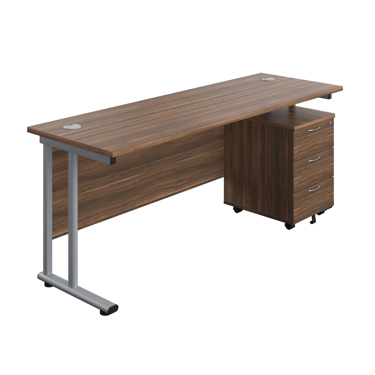 Twin Upright Rectangular Desk + Mobile 3 Drawer Pedestal (FSC) | 1800X600 | Dark Walnut/Silver