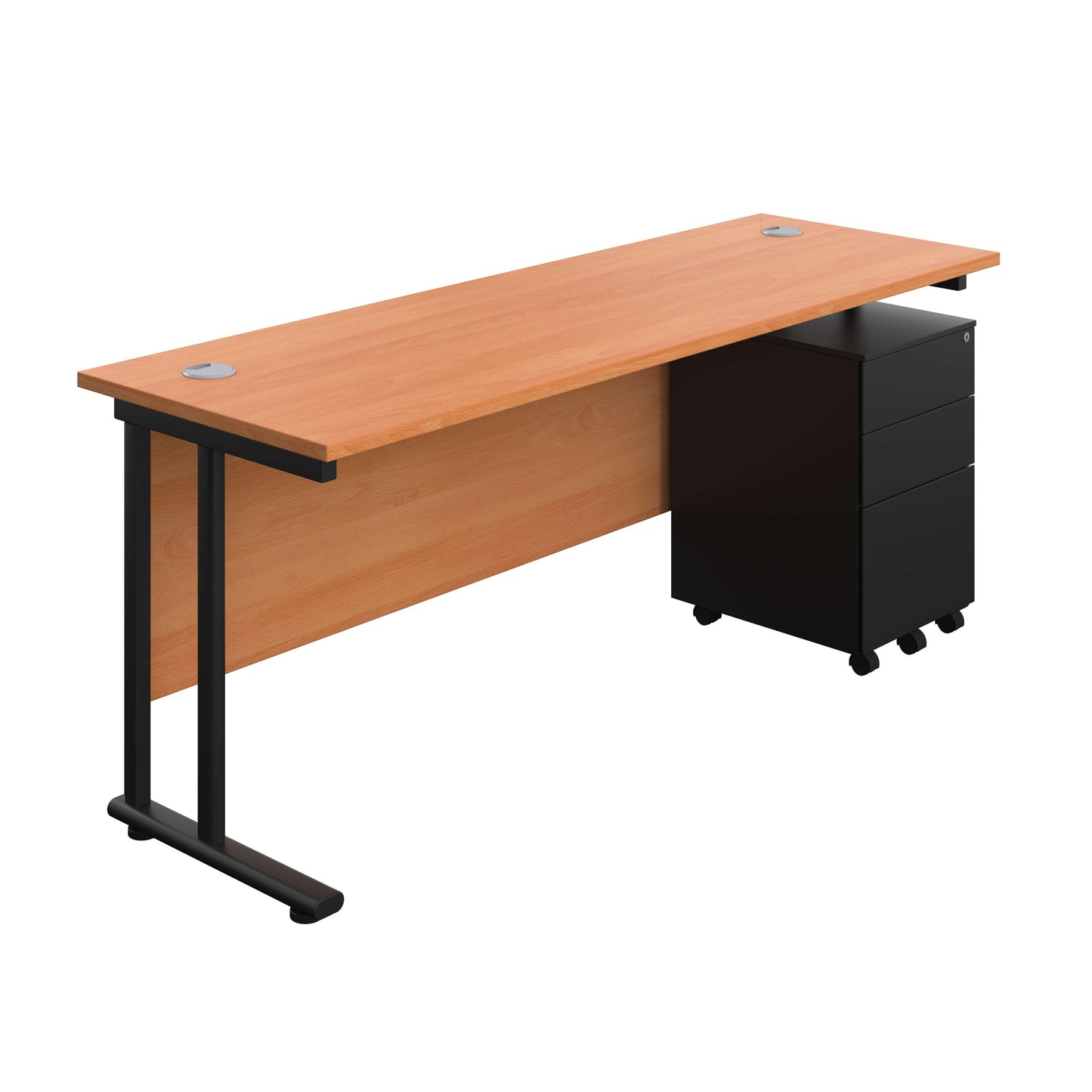 Twin Upright Rectangular Desk + Under Desk Steel Pedestal 3 Drawers (FSC) | 1800X600 | Beech/Black