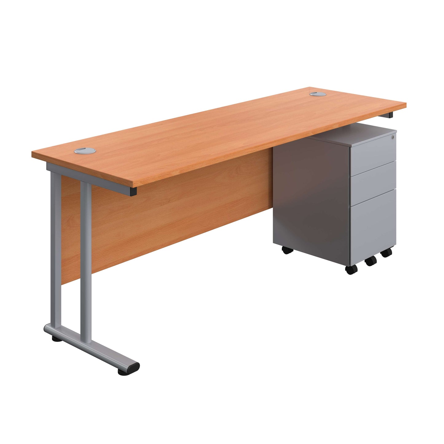 Twin Upright Rectangular Desk + Under Desk Steel Pedestal 3 Drawers (FSC) | 1800X600 | Beech/Silver