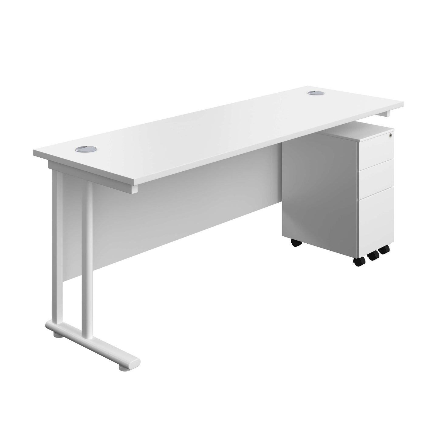 Twin Upright Rectangular Desk + Slimline Steel Pedestal 3 Drawers (FSC) | 1800X600 | White/White