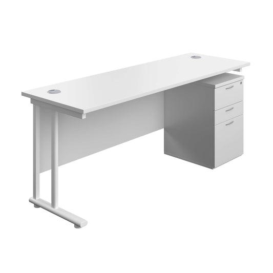 Twin Upright Rectangular Desk + High Mobile Pedestal 3 Drawer (FSC) | 1800X600 | White/White