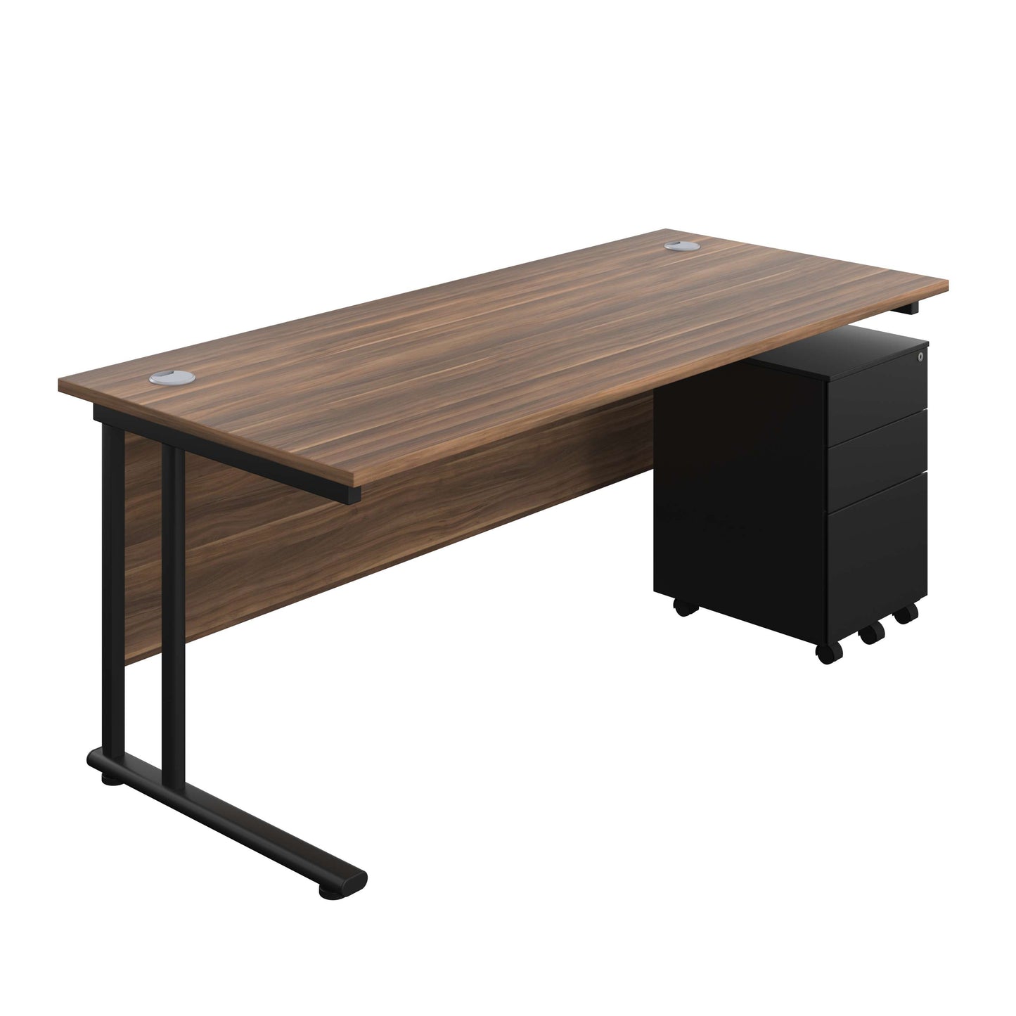 Twin Upright Rectangular Desk + Under Desk Steel Pedestal 3 Drawers (FSC) | 1800X800 | Dark Walnut/Black