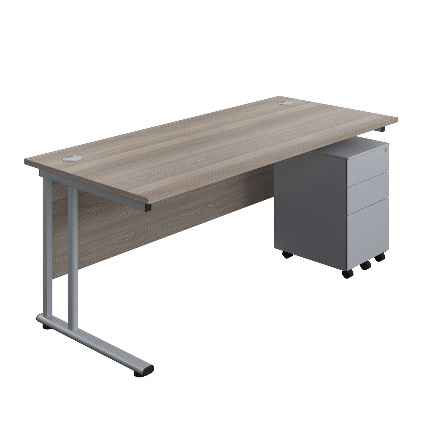 Twin Upright Rectangular Desk + Under Desk Steel Pedestal 3 Drawers (FSC) | 1800X800 | Grey Oak/Silver