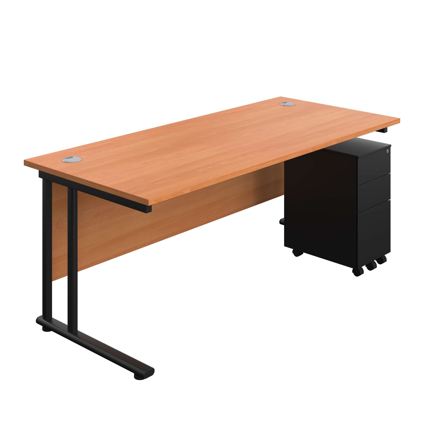 Twin Upright Rectangular Desk + Slimline Steel Pedestal 3 Drawers (FSC) | 1800X800 | Beech/Black