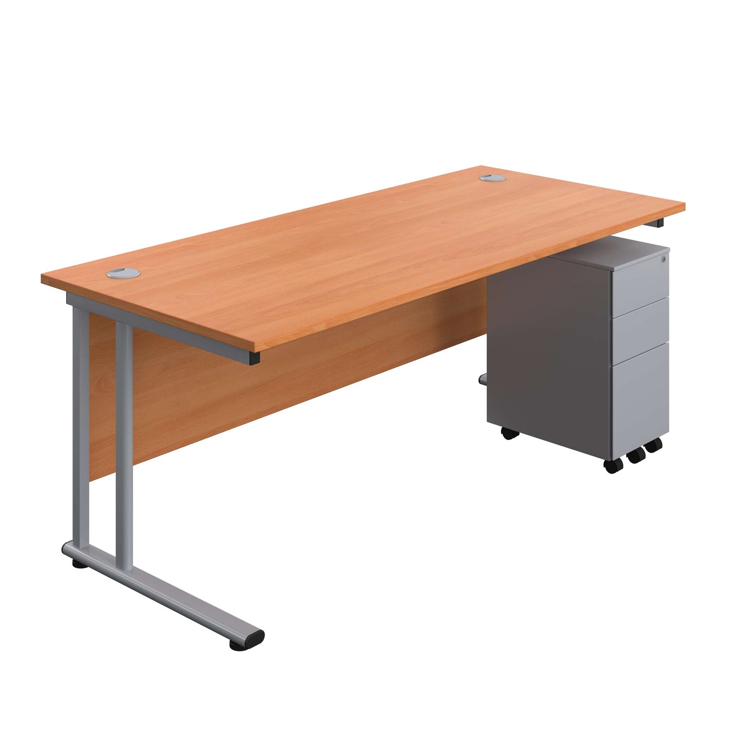 Twin Upright Rectangular Desk + Slimline Steel Pedestal 3 Drawers (FSC) | 1800X800 | Beech/Silver