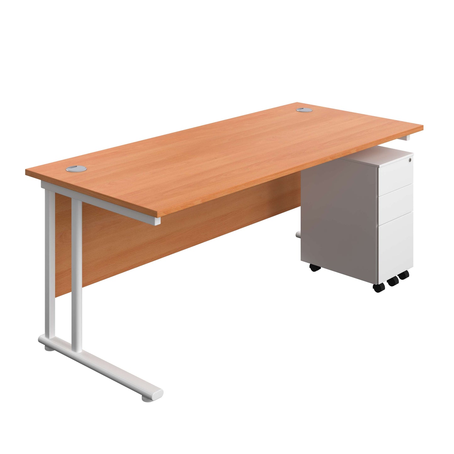 Twin Upright Rectangular Desk + Slimline Steel Pedestal 3 Drawers (FSC) | 1800X800 | Beech/White