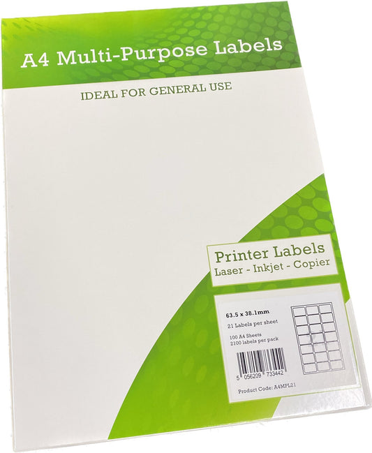 Alpa-Cartridge A4 Multipurpose Labels 21 Per Sheet 63.5 x 38mm (White) Pk of 100